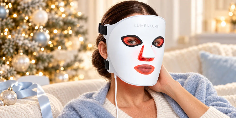 LED maska ako vianočný darček – žena s LumenLuxe LED maskou pri vianočnom stromčeku